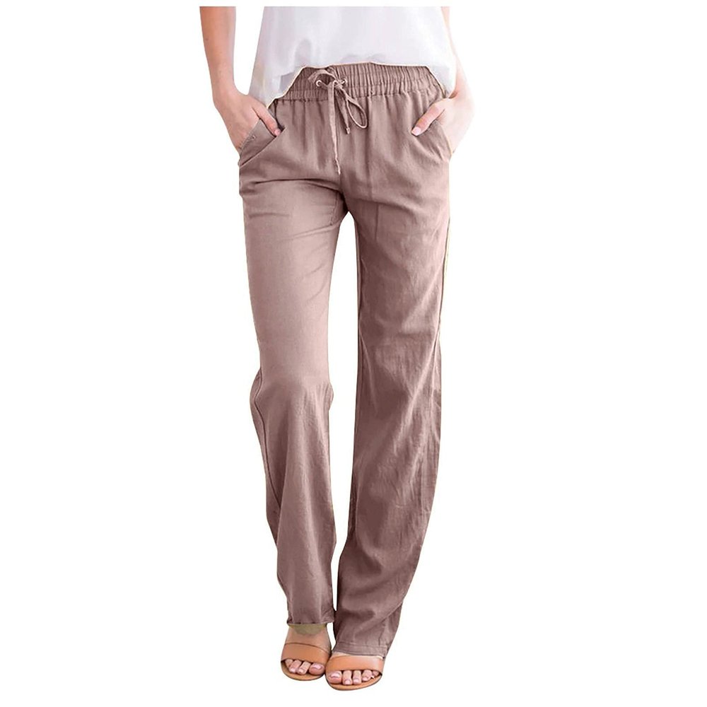 Uillui Pants for Women Casual Comfortable Straight Pants Cotton Linen Elastic Waist Slacks Trousers Loose Fit Wide Leg Pants, A02_khaki