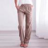 Uillui Pants for Women Casual Comfortable Straight Pants Cotton Linen Elastic Waist Slacks Trousers Loose Fit Wide Leg Pants, A02_khaki view 2
