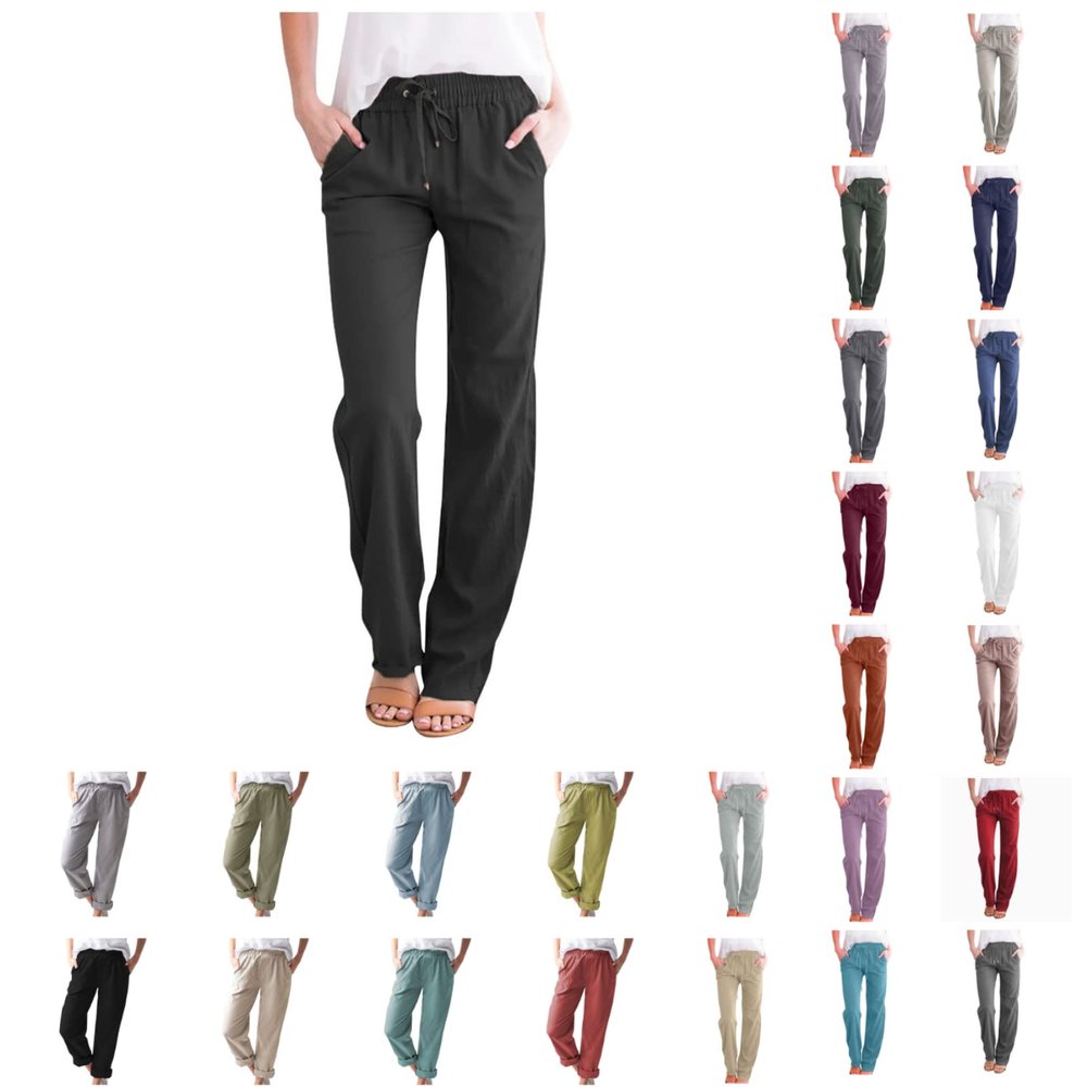 Uillui Pants for Women Casual Comfortable Straight Pants Cotton Linen Elastic Waist Slacks Trousers Loose Fit Wide Leg Pants
