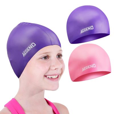 Aegend 2 Pack Kids Swim Cap for Girls Boys Age 8-15, Waterproof Swim Cap Durable Silicone Kids Swimming Cap for Long Hair, Crisp Purple & Pink