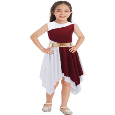 Shinsto Kids Girls Asymmetrical Color Block Liturgical Praise Dance Dress Tunic Church Lyrical Worship Dancewear Red 6 Years
