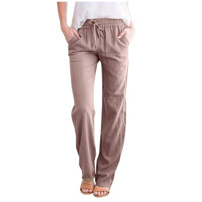 Uillui Pants for Women Casual Comfortable Straight Cotton Linen Elastic Waist Slacks Trousers Loose Fit Wide Leg A02_khaki 3X-Large