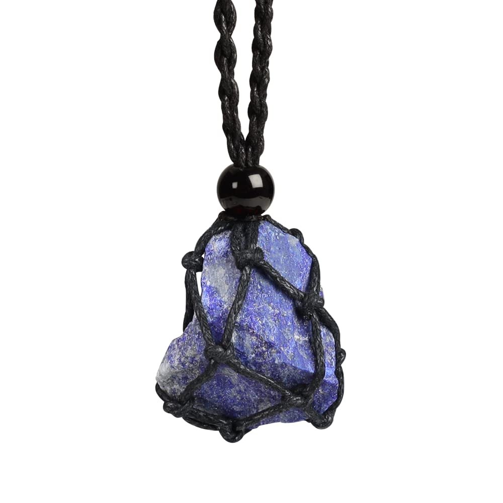 Anjiucc Natural Gemstone Crystal Raw Lapis Lazuli Pendant Necklace Stone Holder Necklace Cord Hand-Woven Necklace with Adjustable Length for Women Men