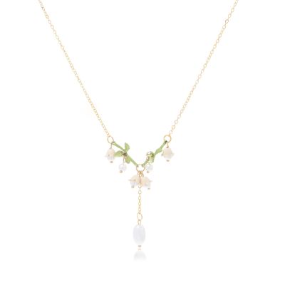 Caiyao Lily of The Valley Rose Flower Leaf Necklace Drop Dangle Earring Bracelet Set for Women Mom Friend Mother Vintage Tassel Chain Necklace Bride Wedding Spring Summer Jewelry Gift-D Style-1