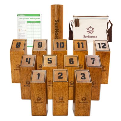 SunNordic Wooden Throwing Game Set, Numbered Block Toss Games with 1 x Scoreboard,12 x Premium Rubber Wood Pins & 1 x Dowel, Outdoor Backyard Lawn Bowling Yard Game for Kids, Adults & Family