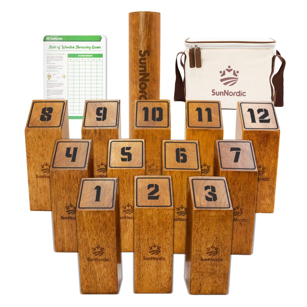 SunNordic Wooden Throwing Game Set, Numbered Block Toss Games with 1 x Scoreboard,12 x Premium Rubber Wood Pins & 1 x Dowel, Outdoor Backyard Lawn Bowling Yard Game for Kids, Adults & Family