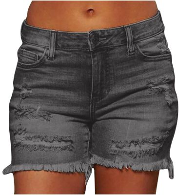 Trendy Jean Shorts Women Distressed Frayed Stretchy Denim Shorts Casual High Waist Rippped Jean Shorts for Teen Girls