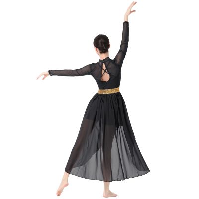 IBAKOM Dance Dress for Woman Contemporary Dance Costume Shiny Sequins Lyrical Dance Mesh Sheer Long Sleeve Ballerna Dancewear Chiffon Flowy High-Low Skirt Adults Ballroom Modern Dress Black + Gold L