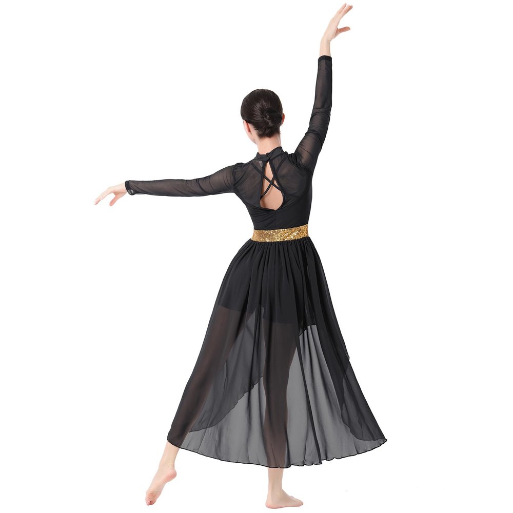 IBAKOM Dance Dress for Woman Contemporary Dance Costume Shiny Sequins Lyrical Dance Mesh Sheer Long Sleeve Ballerna Dancewear Chiffon Flowy High-Low Skirt Adults Ballroom Modern Dress Black + Gold L