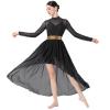 IBAKOM Dance Dress for Woman Contemporary Dance Costume Shiny Sequins Lyrical Dance Mesh Sheer Long Sleeve Ballerna Dancewear Chiffon Flowy High-Low Skirt Adults Ballroom Modern Dress Black + Gold L view 2