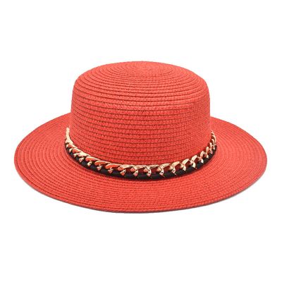 Flat Top Straw Hat for Womens Outdoor Leisure Sunshade Bucket Hat Summer Chain Beach Hat Sunscreen Sun Visor Hat (Red, One Size)