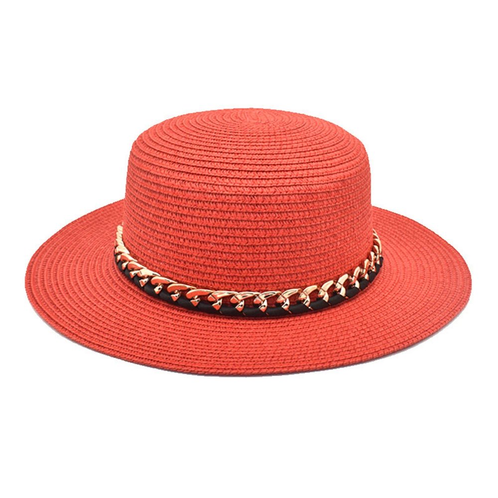 Flat Top Straw Hat for Womens Outdoor Leisure Sunshade Bucket Hat Summer Chain Beach Hat Sunscreen Sun Visor Hat (Red, One Size)