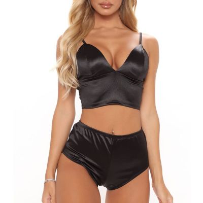 Two Piece Lingerie Set for Women Sexy V Neck High Waist Bra and Panty Set Silk Satin Straps Babydoll Sleepwear (US Size XS Asia S,Black)