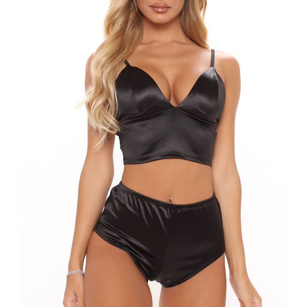 Two Piece Lingerie Set for Women Sexy V Neck High Waist Bra and Panty Set Silk Satin Straps Babydoll Sleepwear (US Size XS Asia S,Black)