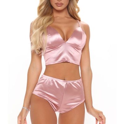 Two Piece Lingerie Set for Women Sexy V Neck High Waist Bra and Panty Set Silk Satin Straps Babydoll Sleepwear (US Size S Asia M,Pink)