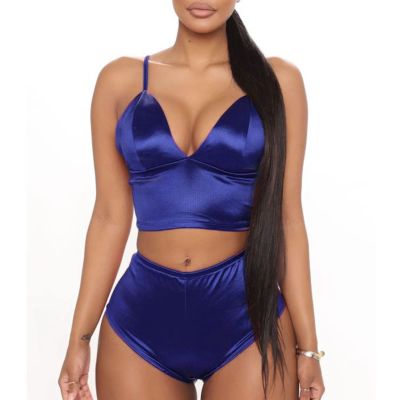 Two Piece Lingerie Set for Women Sexy V Neck High Waist Bra and Panty Set Silk Satin Straps Babydoll Sleepwear (US Size M Asia L,Blue)