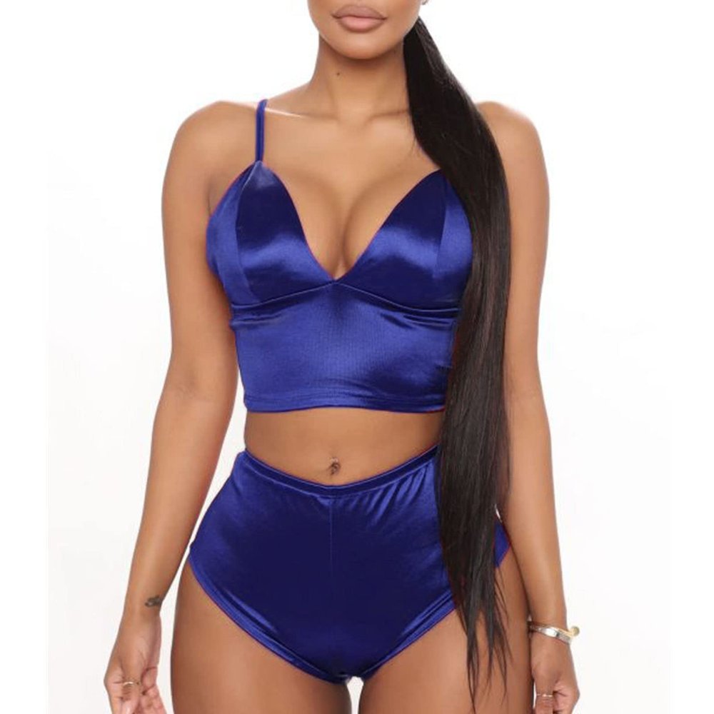 Two Piece Lingerie Set for Women Sexy V Neck High Waist Bra and Panty Set Silk Satin Straps Babydoll Sleepwear (US Size M Asia L,Blue)