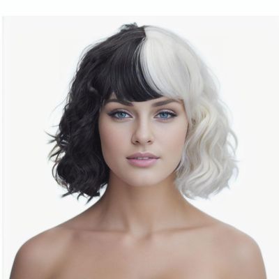 AICKER Half Black Half White Short Curly Wavy Wig With Bangs for Women Anime Cosplay Halloween Christmas Party Wigs (Short with Bang(Black&White))