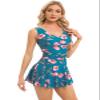 One Piece Swimdress for Women Swimwear Bathing Suits Dress Tummy Control Swimsuits with Skirt Vintage L Floral Blue view 3