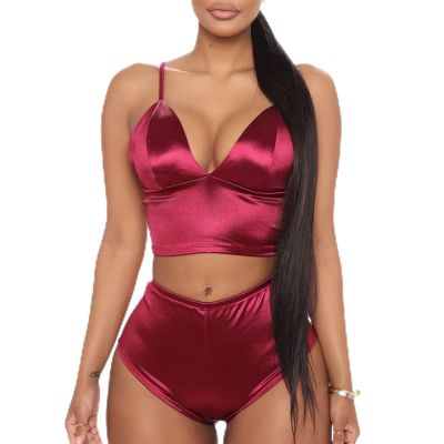 Two Piece Lingerie Set for Women Sexy V Neck High Waist Bra and Panty Set Silk Satin Straps Babydoll Sleepwear (US Size S Asia M,Wine Red)