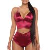 Two Piece Lingerie Set for Women Sexy V Neck High Waist Bra and Panty Set Silk Satin Straps Babydoll Sleepwear (US Size S Asia M,Wine Red) view 1