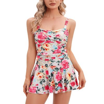 Womens One Piece Swimdress Swimsuits with Skirt Bathing Suits Tummy Control Modest Swim Dress Retro M Rose