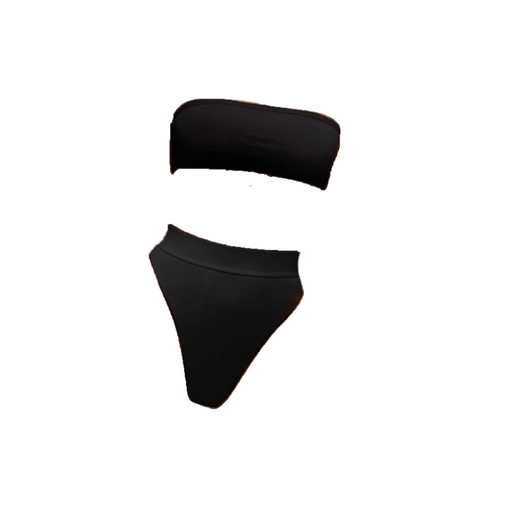 Women's Solid Color Bandeau Swimsuit Sexy Strapless High Waist Padded Bikini Set Summer Beach Bathing Suits (US Size XS Asia S,Black)