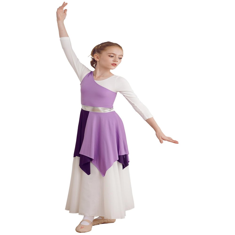 Linjinx Kids Girls Sleeveless Praise Lyrical Dance Dress Metallic Color Block Liturgical Worship Costume Tunic Dancewear Lavender 8 Years