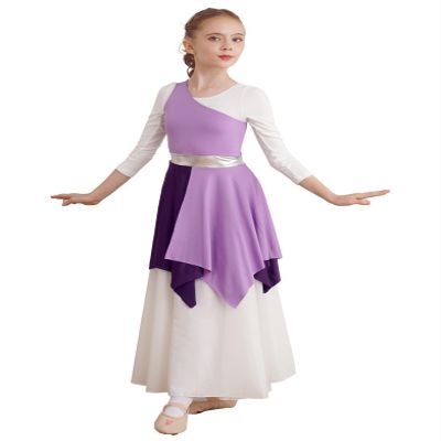 Jhaoyu Kids Girls Color Block Liturgical Praise Dance Dress Sleeveless One Shoulder Worship Lyrical Costume Church Robe Lavender 14 Years