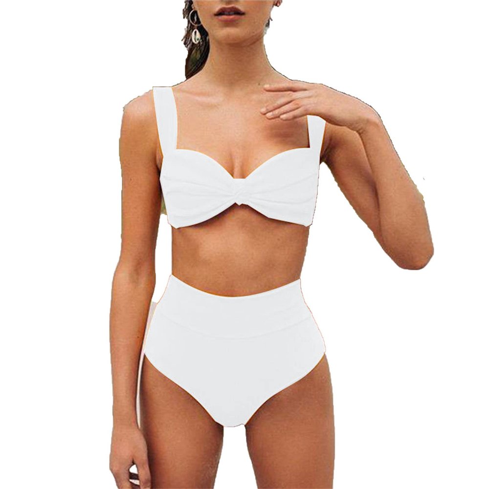 JEsilunmaMY Women's Knot High Waist Bikini Sets Sleeveless Ruched Padded 2 Piece Bathing Suit Solid Color Bow Swimsuits (US Size XS Asia S,White)