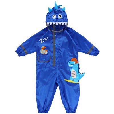 Baby Dinosaur Raincoat Overall Rain Suit Cute Jumpsuit Conjoined Rain Jacket Camo Waterproof PU Coated (Blue, 5-7 Years)