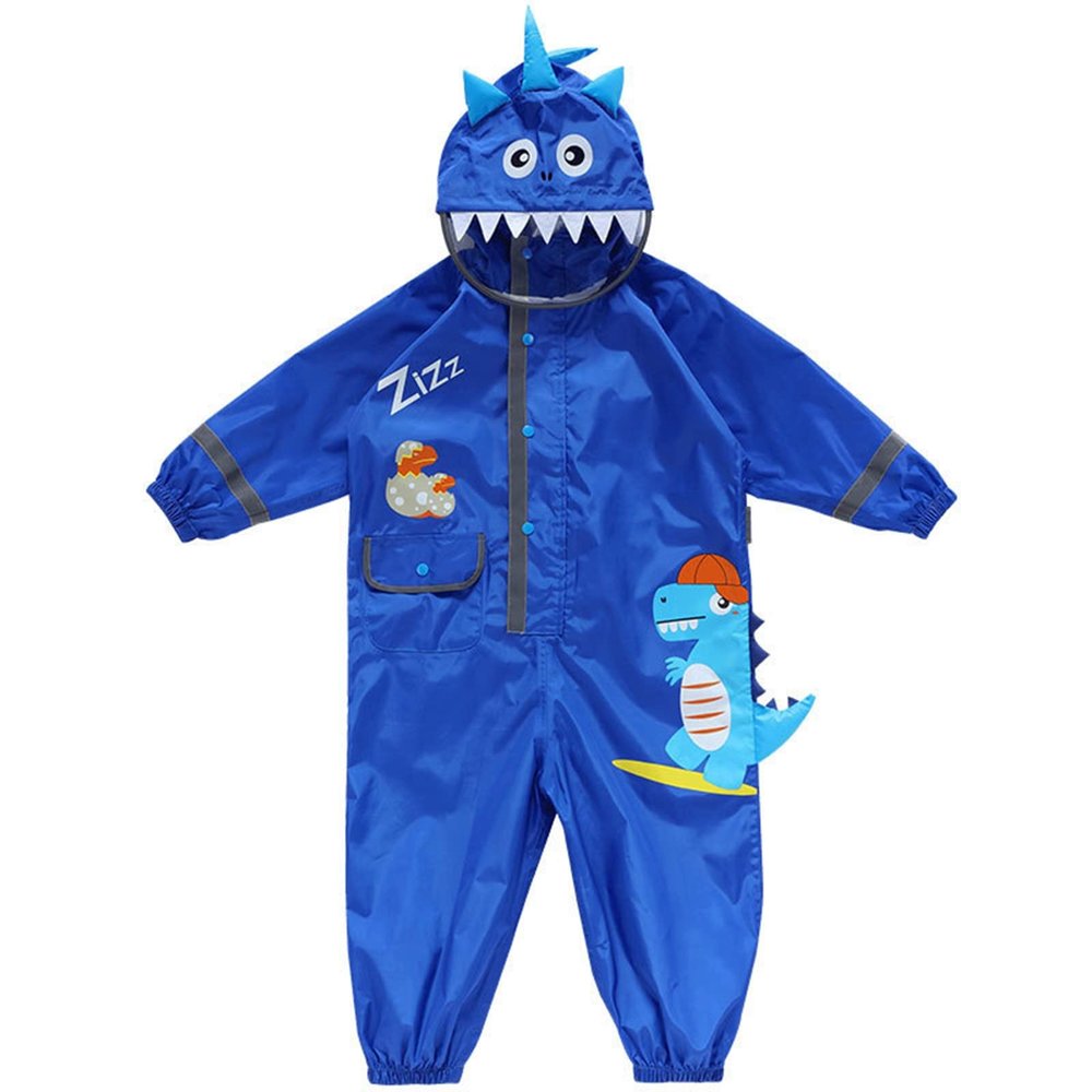 Baby Dinosaur Raincoat Overall Rain Suit Cute Jumpsuit Conjoined Rain Jacket Camo Waterproof PU Coated (Blue, 5-7 Years)