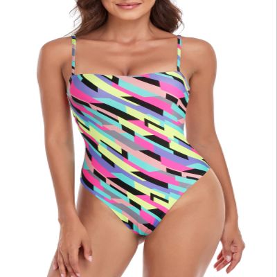 Colloyes Women's Colorful Striped One Piece Bathing Suit with Adjustable Straps Bandeau One Piece Swimsuit Size X-Large