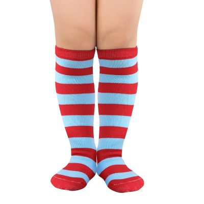 American Trends Kids Knee High Socks Athletic Soccer Socks Baseball Socks Toddler Girls 1 Pack Blue Red Stripes 3-6 Years