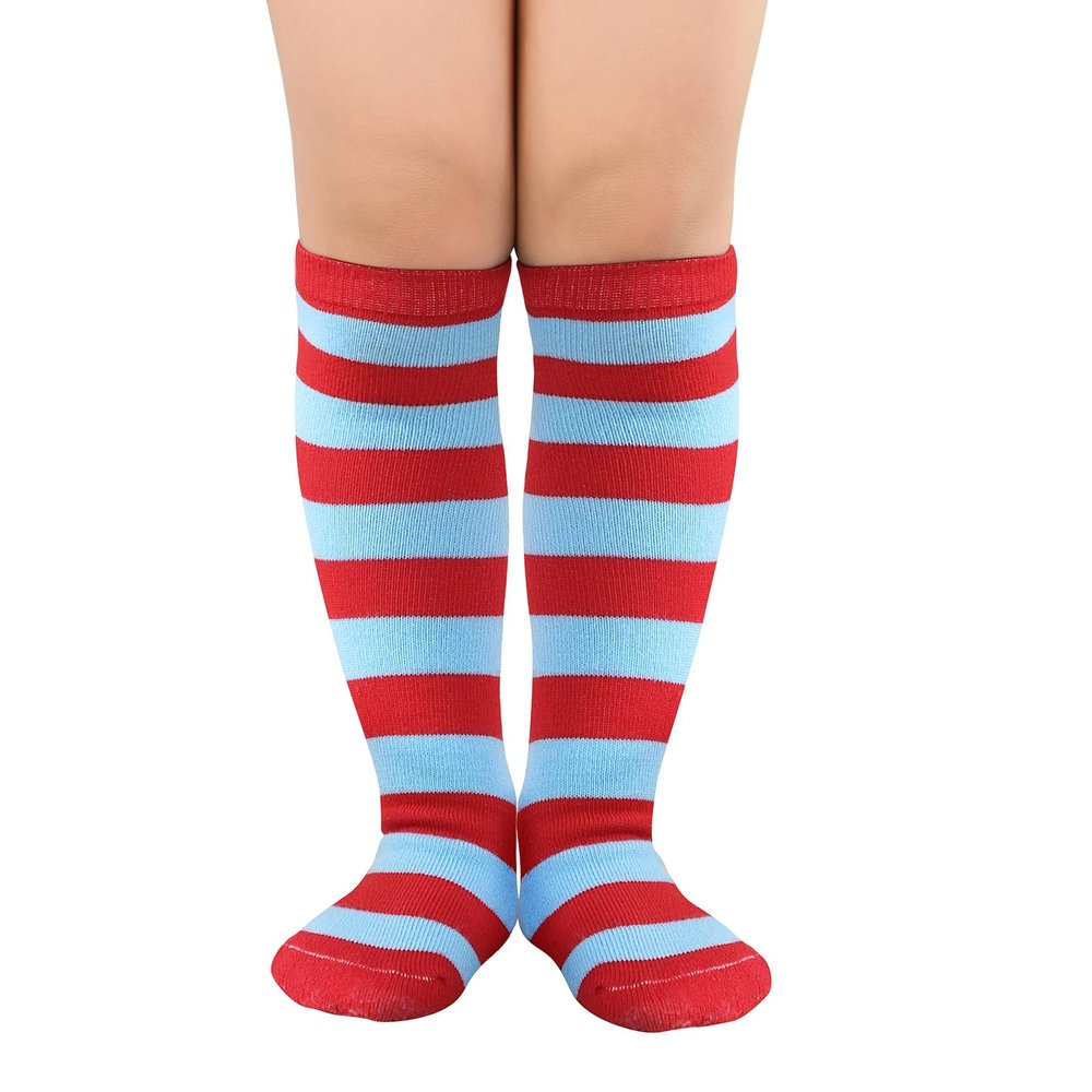 American Trends Kids Knee High Socks Athletic Soccer Socks Baseball Socks Toddler Girls 1 Pack Blue Red Stripes 3-6 Years
