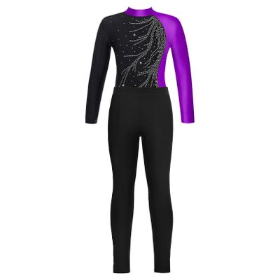 JanJean Girls 2Pcs Gymnastics Dance Outfits Kids Glitter Ballet Leotard with Athletic Legging Pants Set Tumbling Dancing Purple&Black 8 Years