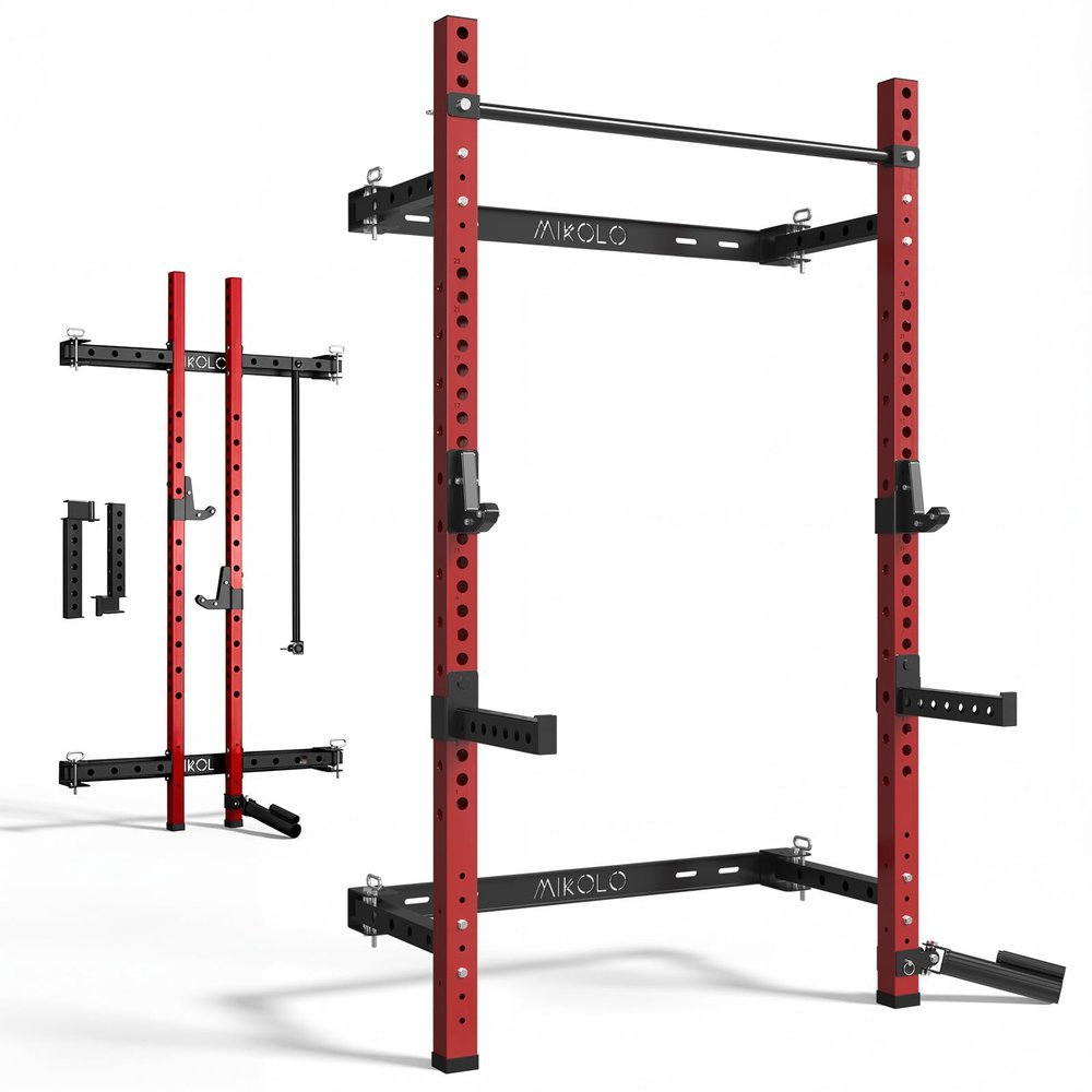 Mikolo 2" x 2" Folding Wall Mounted Squat Rack, 1000 Pounds Capacity Power Rack with Safety Catches, Pull Up Bar, J Hooks and Landmine Attachment, Space-Saving Home Gym(Red