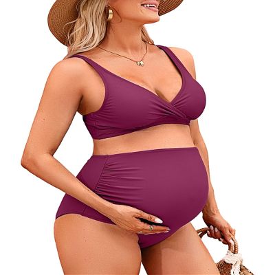 Charmo High Waisted Maternity Bathing Suits Pregnancy Swimsuit Bikini Set V Neck Swimwear M Dark Red