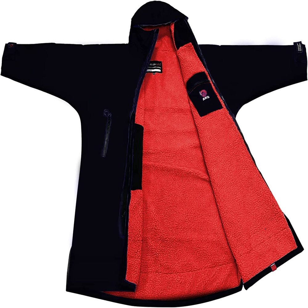 Akida Changing Robe/Swim Parka with Pocket Hooded, Waterproof Surf Poncho Warm Oversized Coat,Quick Dry Wetsuit Changing Towel, Windproof Jacket for Beach,Surfing, Swimming,Water Sports(Black-Red,L)