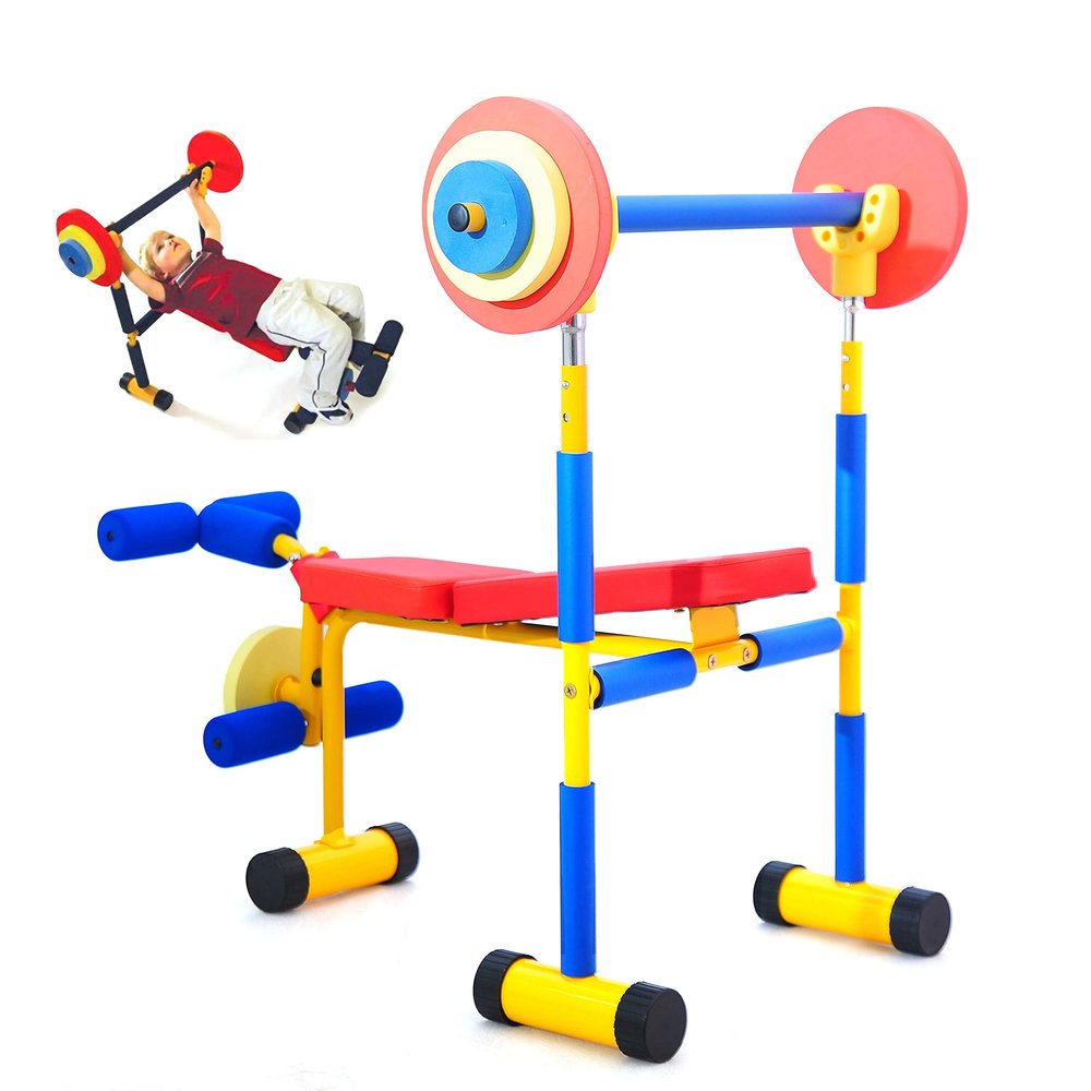 PHASFBJ Fitness Exercise Equipment for Kids Weight Bench, Weight Bench with Weights and Barbell, Helps Strengthen Physical Fitness and Exercise,Suitable for 4-8 Years Old Children