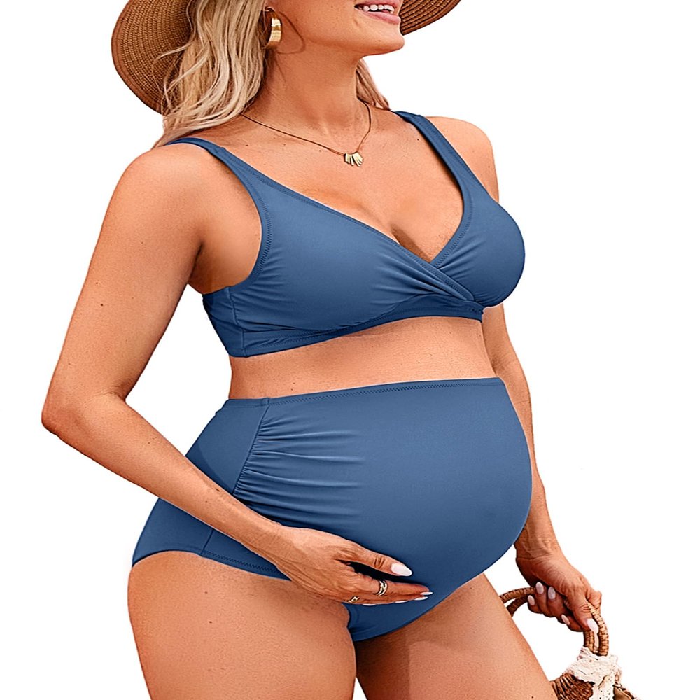 Charmo Maternity Swimsuits Two Piece High Waist Maternity Bikini Set V Neck Pregnancy Bathing Suit S Blue