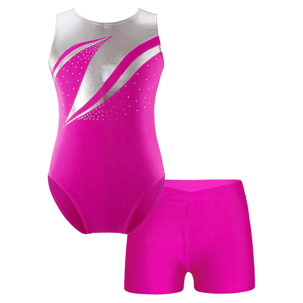 Linjinx Kids Girls Rhinestone Floral Gymnastics Dance 2 Piece Outfits Sleeveless Leotards with Athletic Shorts Sets Tracksuit Rose C 10 Years