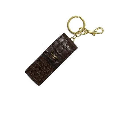 Cockatoo Snap-On Lipstick Holder Keychain, Genuine Leather Lipstick Case with Keychain, Chapstick Holder Keyring (Dark Coffee)