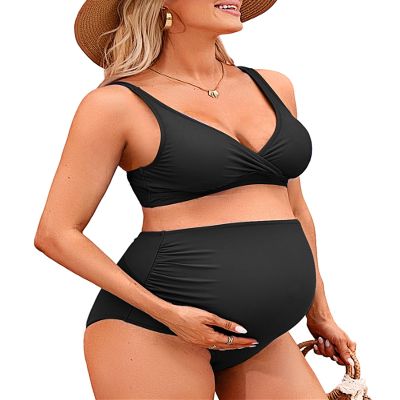 Charmo V Neck Maternity Swimsuits Two Piece Ruched Maternity Bathing Suits Pregnancy Bikini Swimwear XL Black