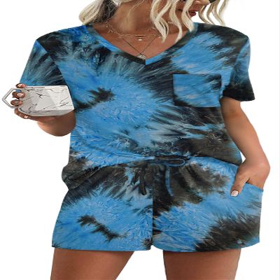 RUBZOOF Womens Tie Dye Pajama Sets Casual Summer Short Sleeve V Neck 2 Piece Pjs Lounge Sets Tie-dye-A L