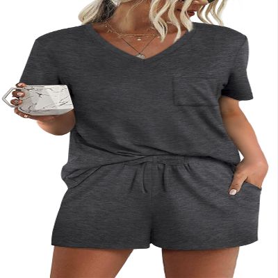 RUBZOOF Pajamas for Women Shorts Set Casual V Neck Short Sleeve Summer 2 Piece Lounge Sets Dark Grey S