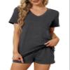 RUBZOOF Pajamas for Women Shorts Set Casual V Neck Short Sleeve Summer 2 Piece Lounge Sets Dark Grey S view 3