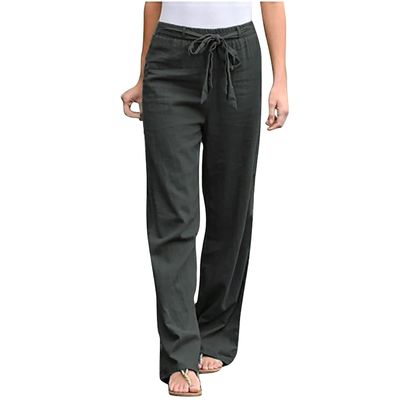 RKSTN Womens Cargo Pants High Waisted Wide Leg Pants for Women Casual Drawstring Elastic Trousers with Pockets Cotton Linen Long Straight Pants 2024