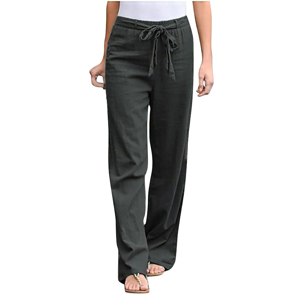RKSTN Linen Pants for Women High Waisted Wide Leg Pants for Women Casual Drawstring Elastic Trousers with Pockets Cotton Linen Long Straight Pants 2024