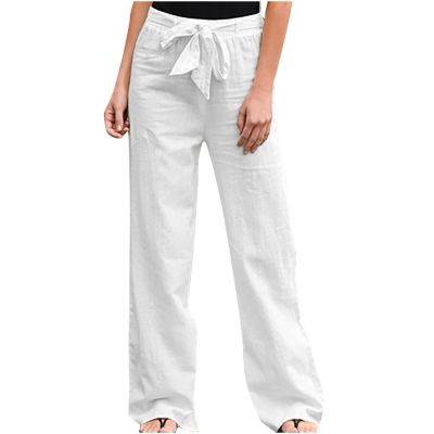 RKSTN Sweatpants Women High Waisted Wide Leg Pants for Women Casual Drawstring Elastic Trousers with Pockets Cotton Linen Long Straight Pants 2025